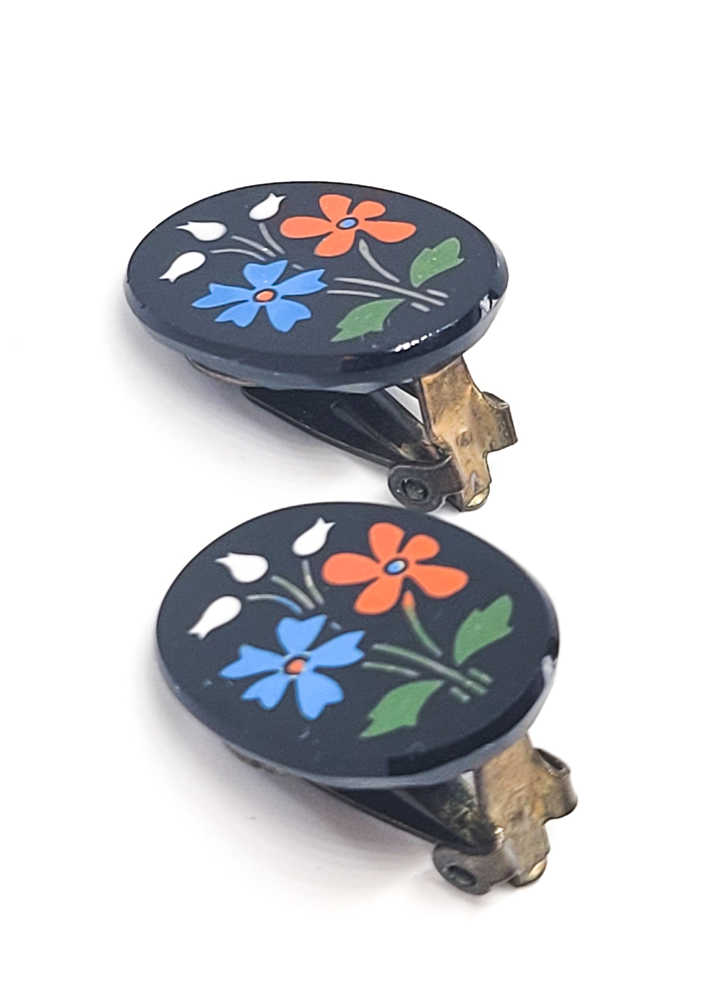 Retro folk art painted flower black glass vintage clip on mid century earrings