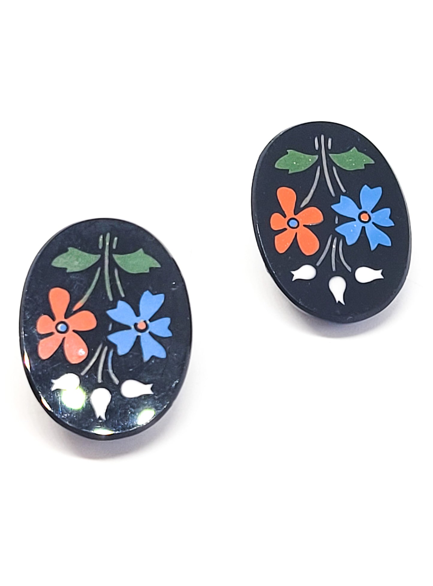 Retro folk art painted flower black glass vintage clip on mid century earrings