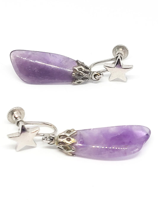 Tumbled amethyst purple gemstone silver toned vintage star screw back earrings