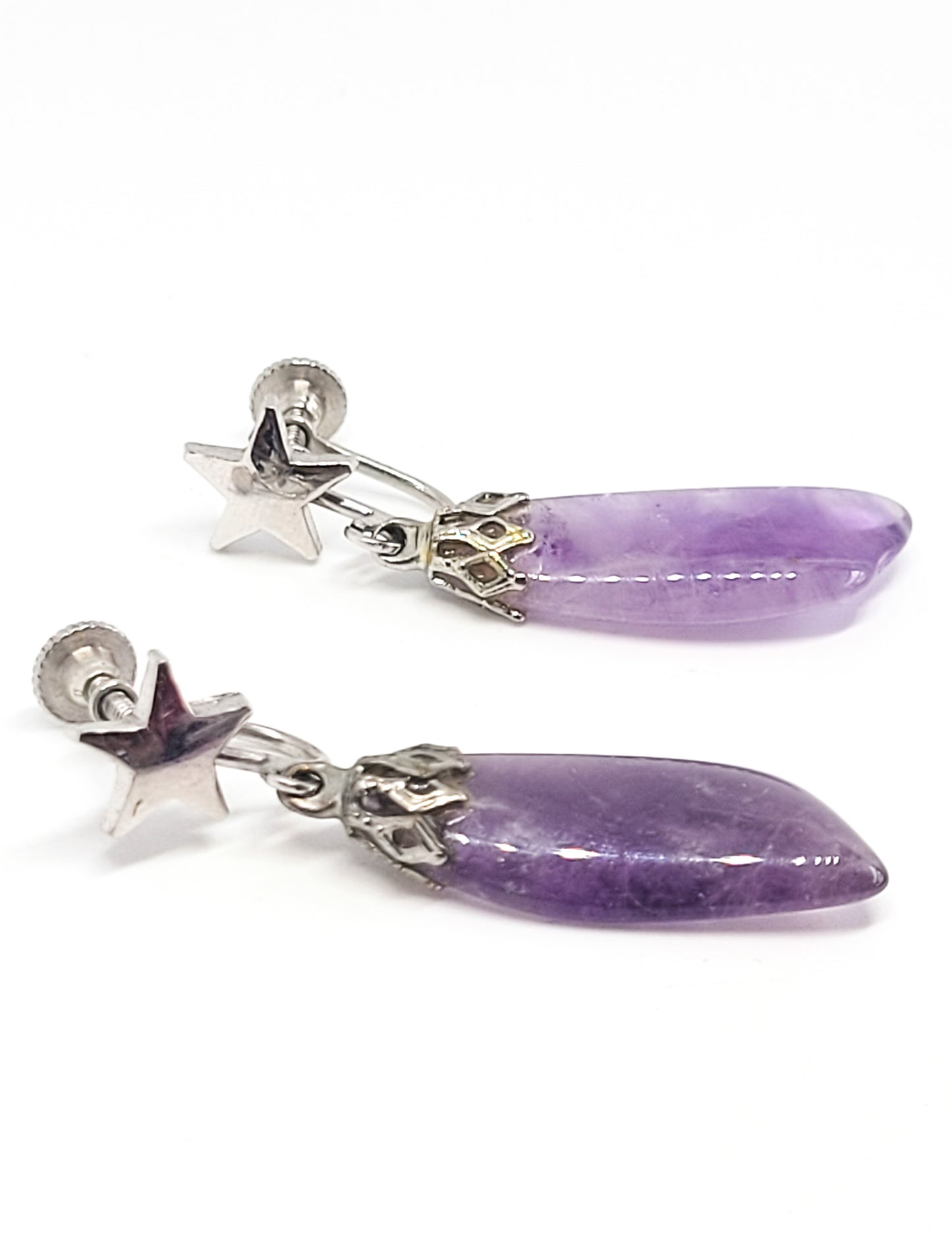 Tumbled amethyst purple gemstone silver toned vintage star screw back earrings