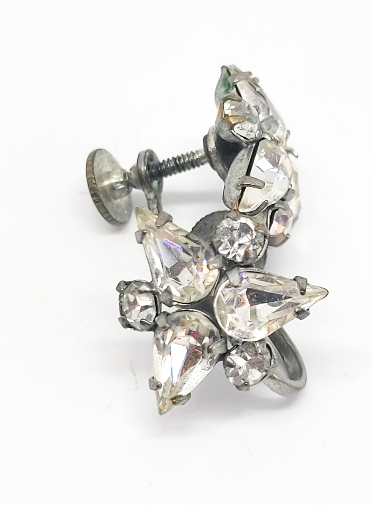 Trillion clear vintage rhinestone pear cut cluster screw back earrings mid century