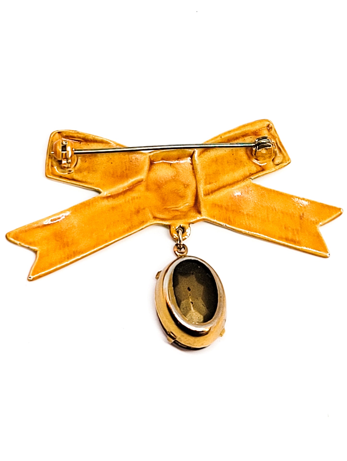 Mid century yellow enamel bow and topaz paste rhinestone vintage brooch