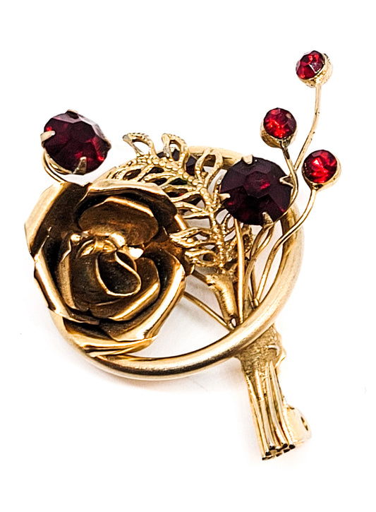 Ruby Red rose and rhinestone gold toned vintage spray flower brooch