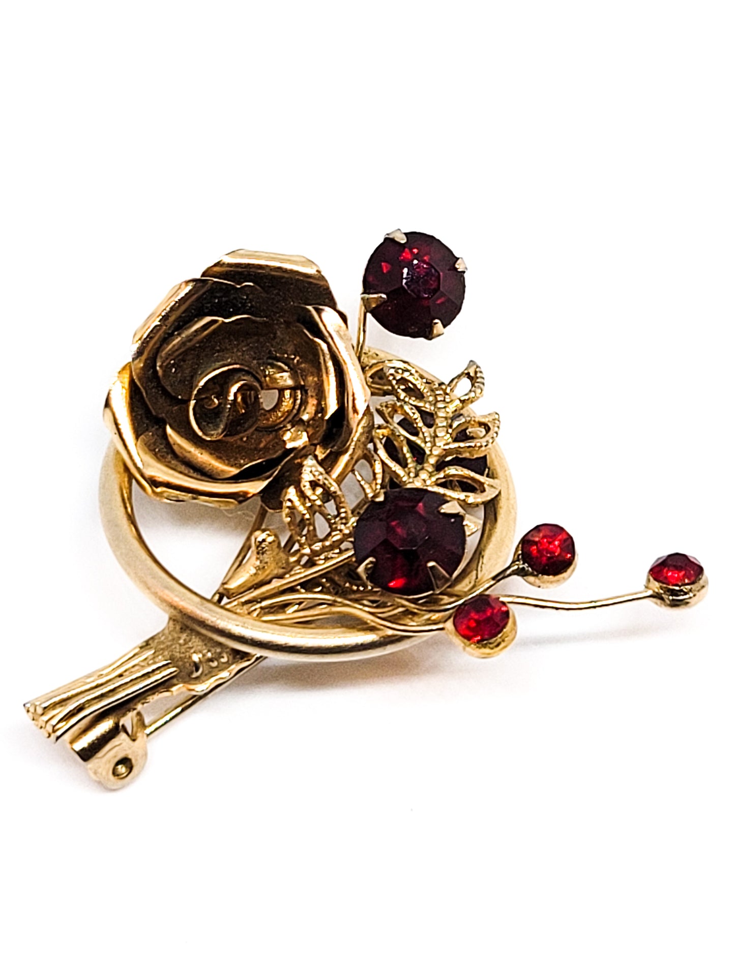 Ruby Red rose and rhinestone gold toned vintage spray flower brooch