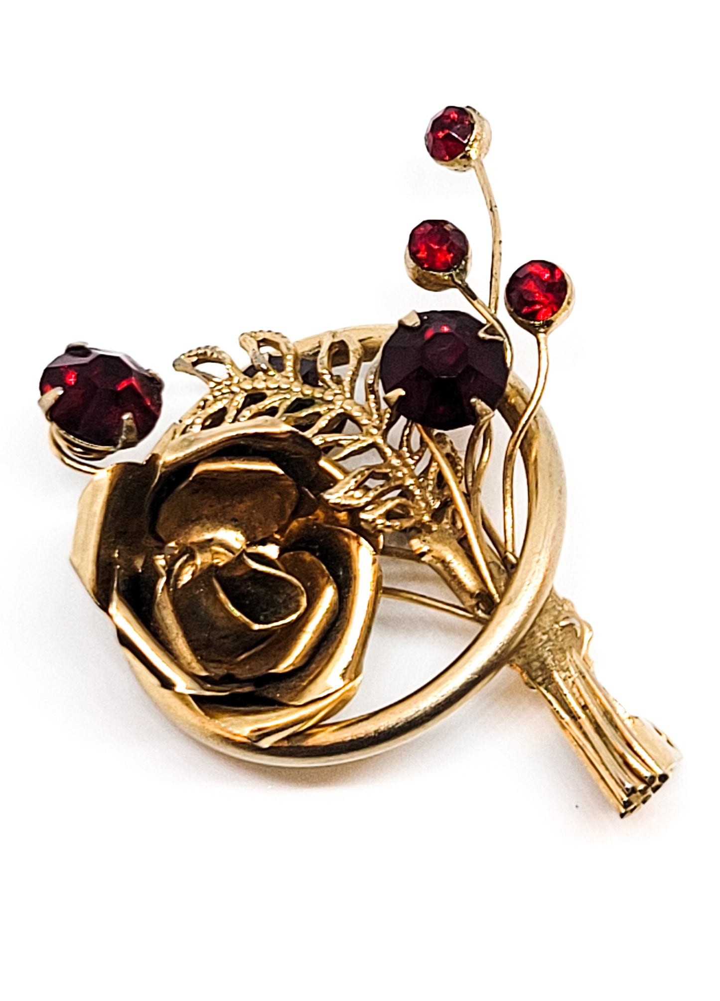 Ruby Red rose and rhinestone gold toned vintage spray flower brooch
