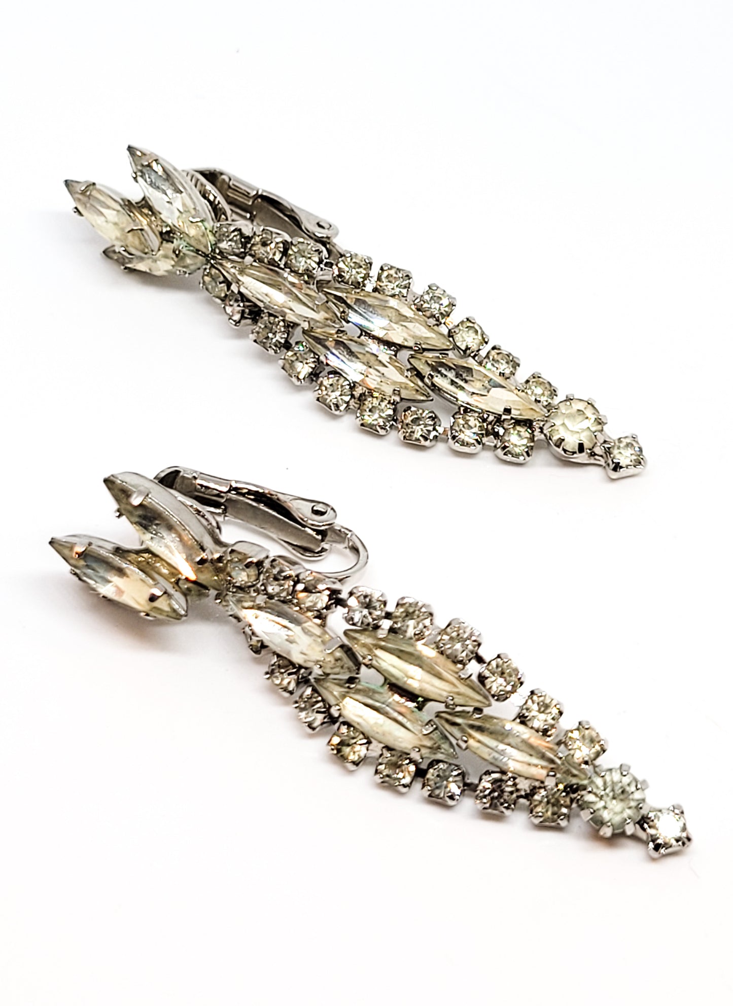 Stunning clear navette drop retro vintage clip on earrings mid century