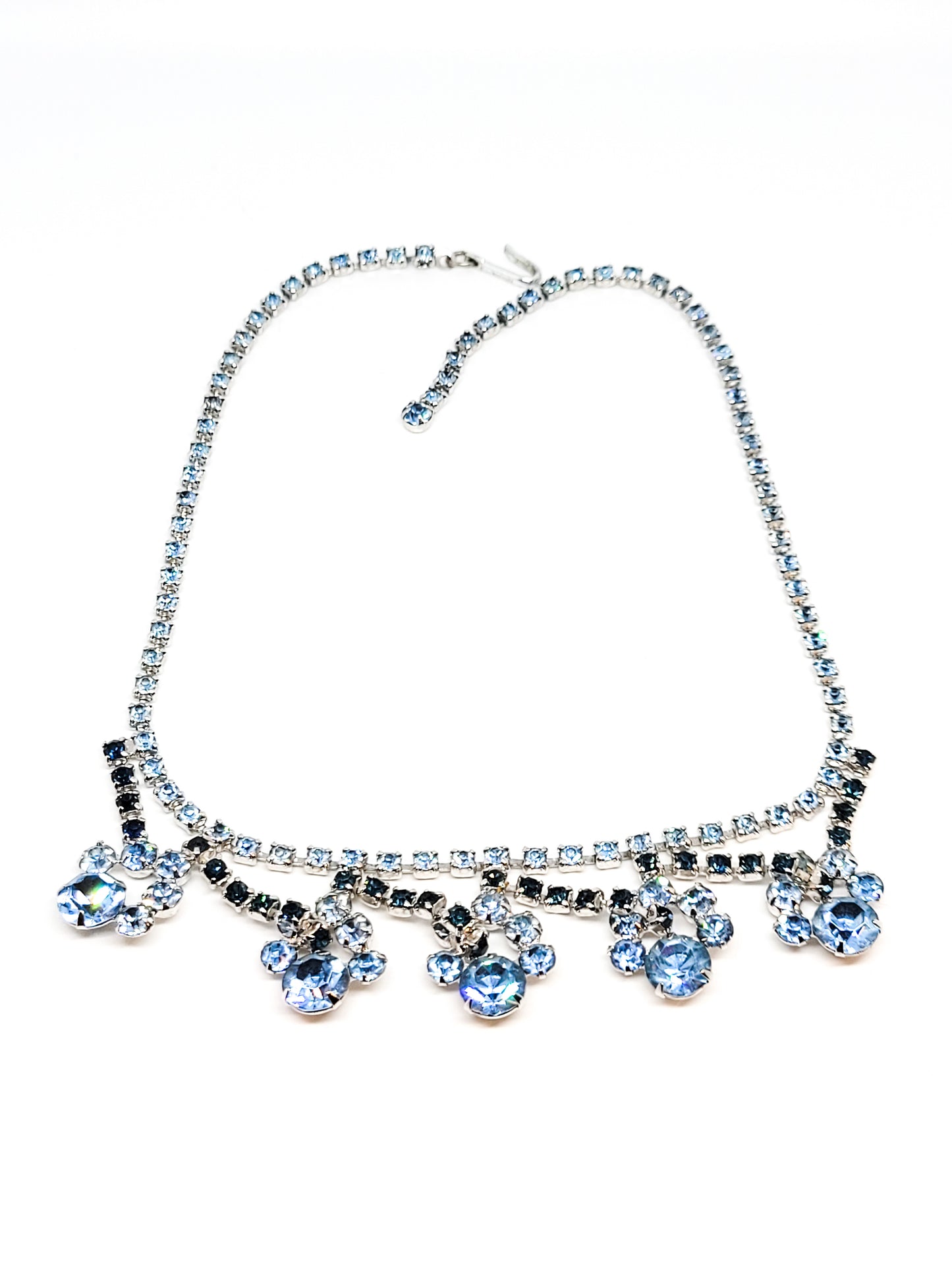 Something blue navy and baby blue rhinestone cupped flower bib vintage necklace