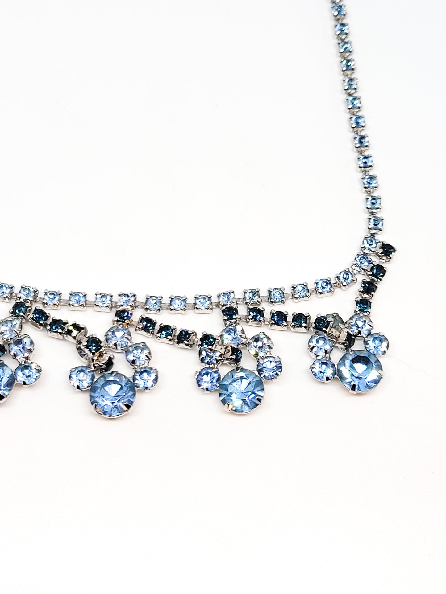 Something blue navy and baby blue rhinestone cupped flower bib vintage necklace