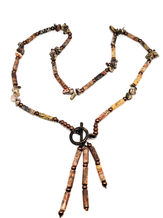 Leopard skin Jasper artisan gemstone tube beaded chocolate pearl tassel toggle necklace