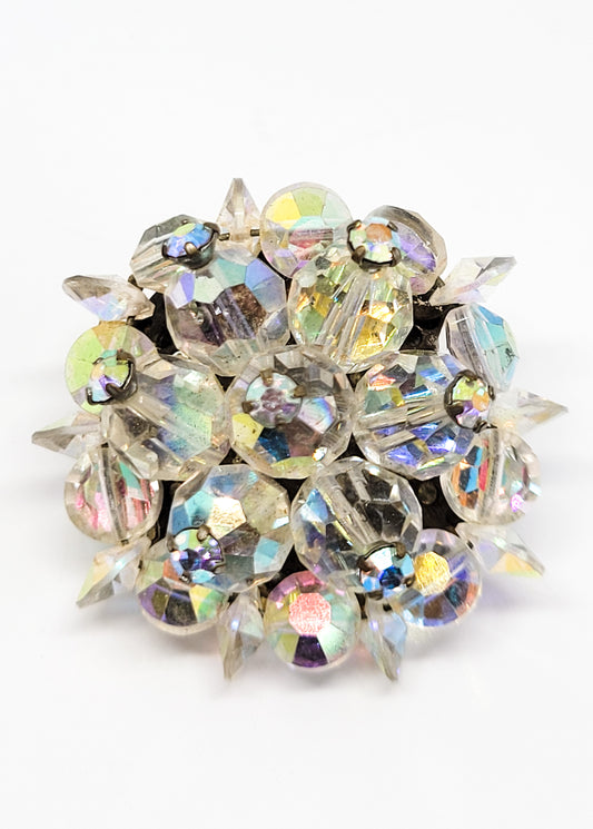 Rainbow vintage Aurora Borealis AB beaded Austrian crystal and rhinestone brooch
