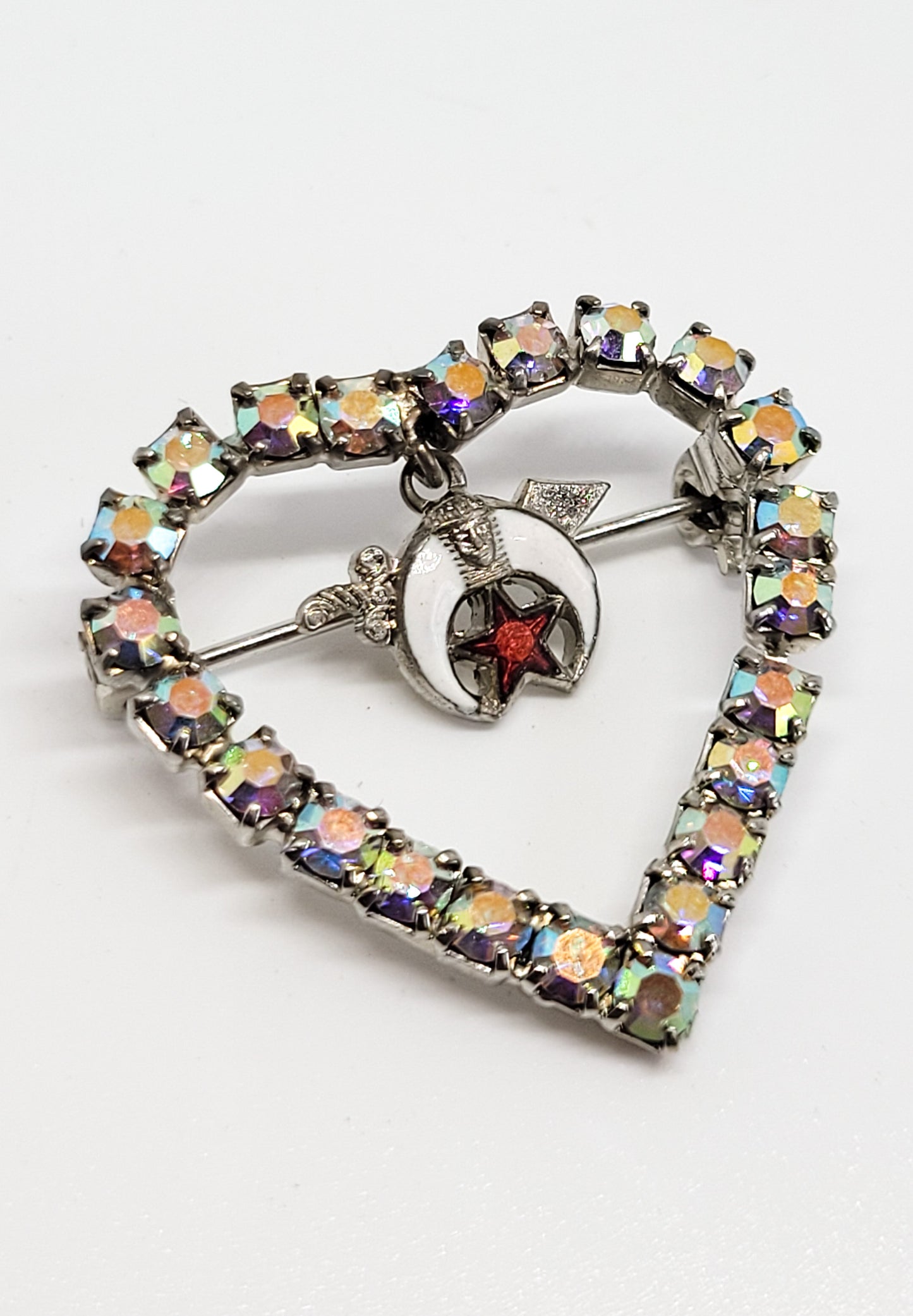 Aurora Borealis rainbow heart rhinestone Schriner's fraternity vintage brooch