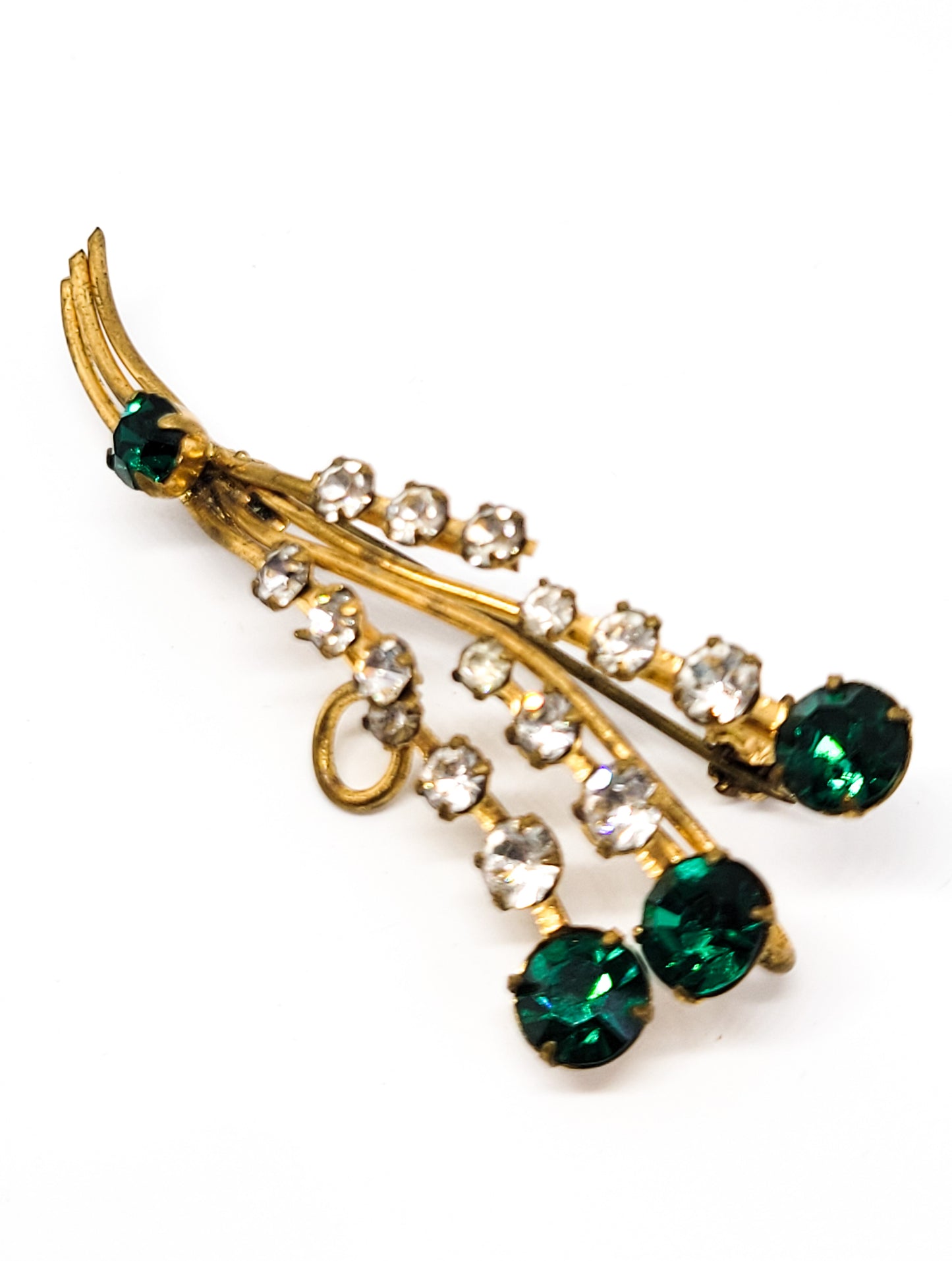 Made in Austrian bright green and clear chaton gold toned vintage mid century brooch