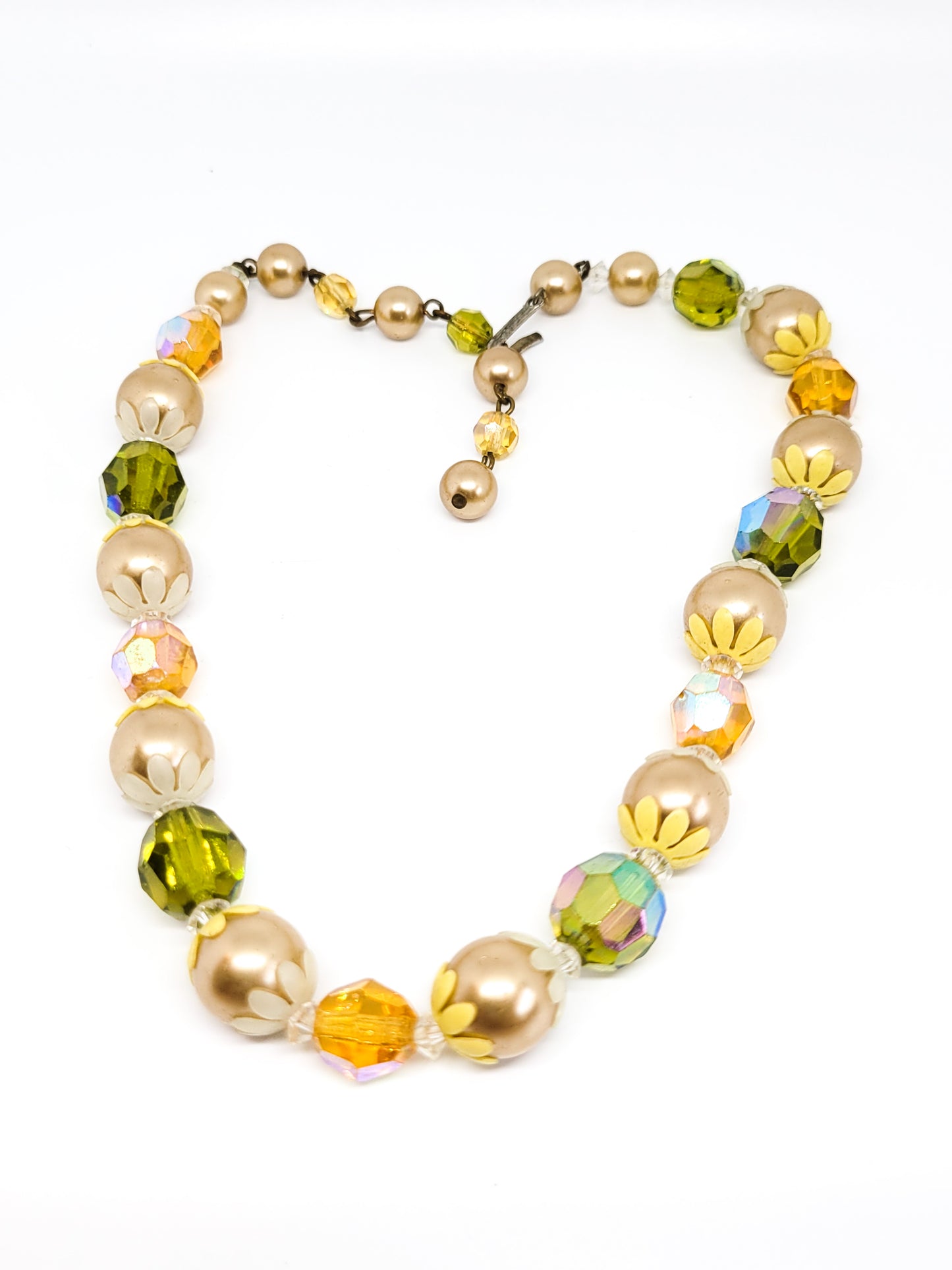 Retro  Hippie Autumn flower power Austrian crystal faux pearl beaded vintage necklace