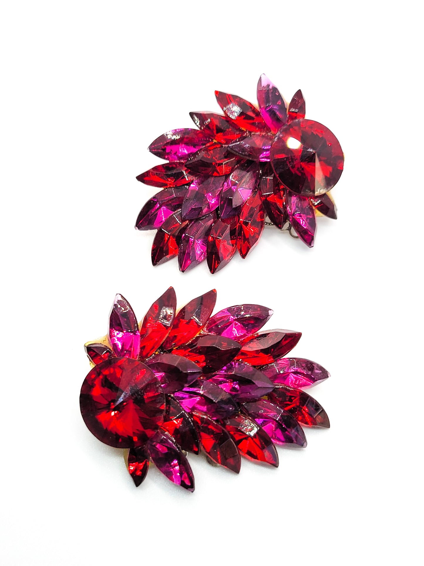 Michelle Sugar signed red and pink large Rivoli vintage rhinestone clip on earrings