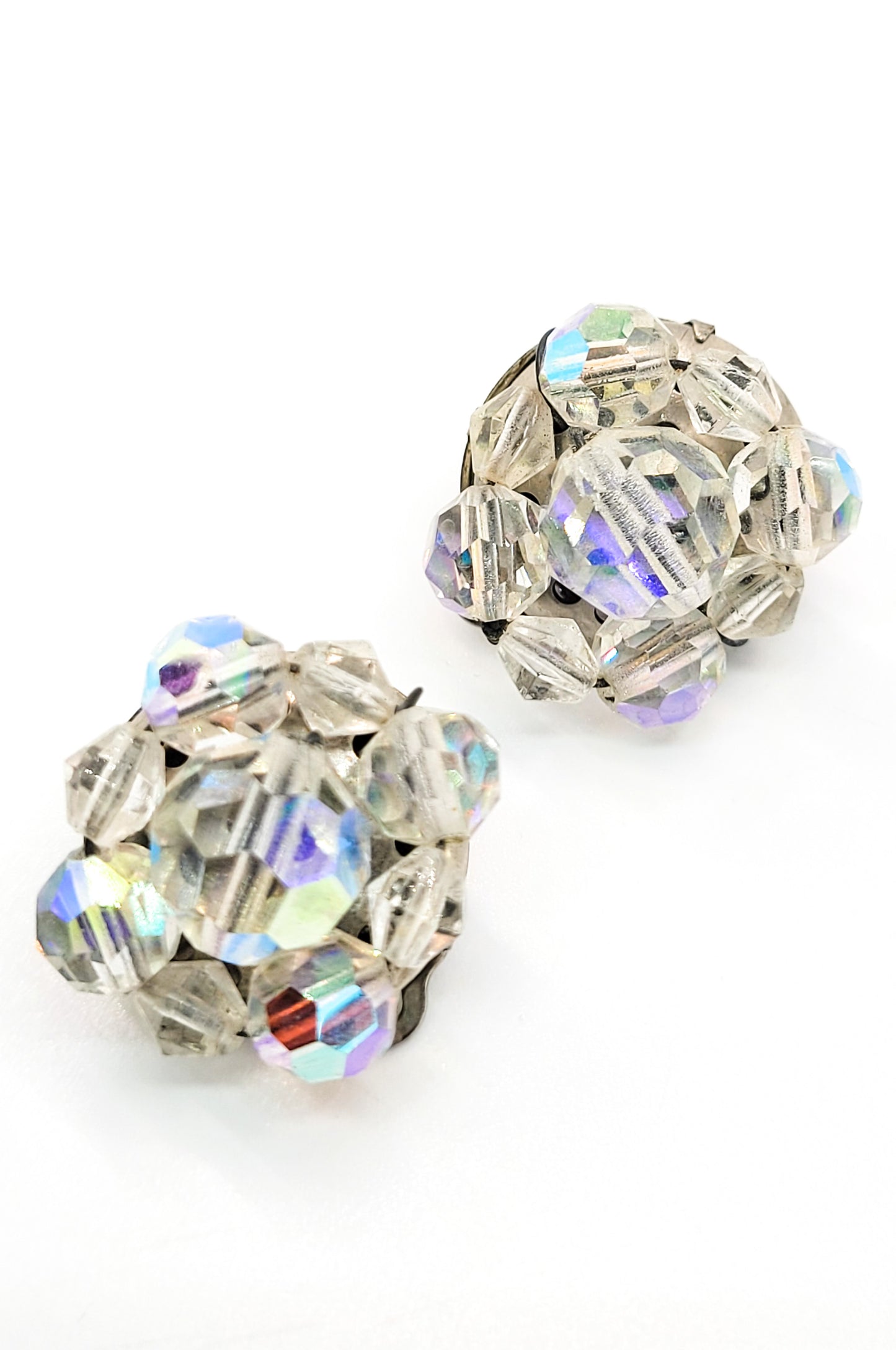 Austrian crystal Aurora borealis rainbow beaded vintage cluster clip on earrings
