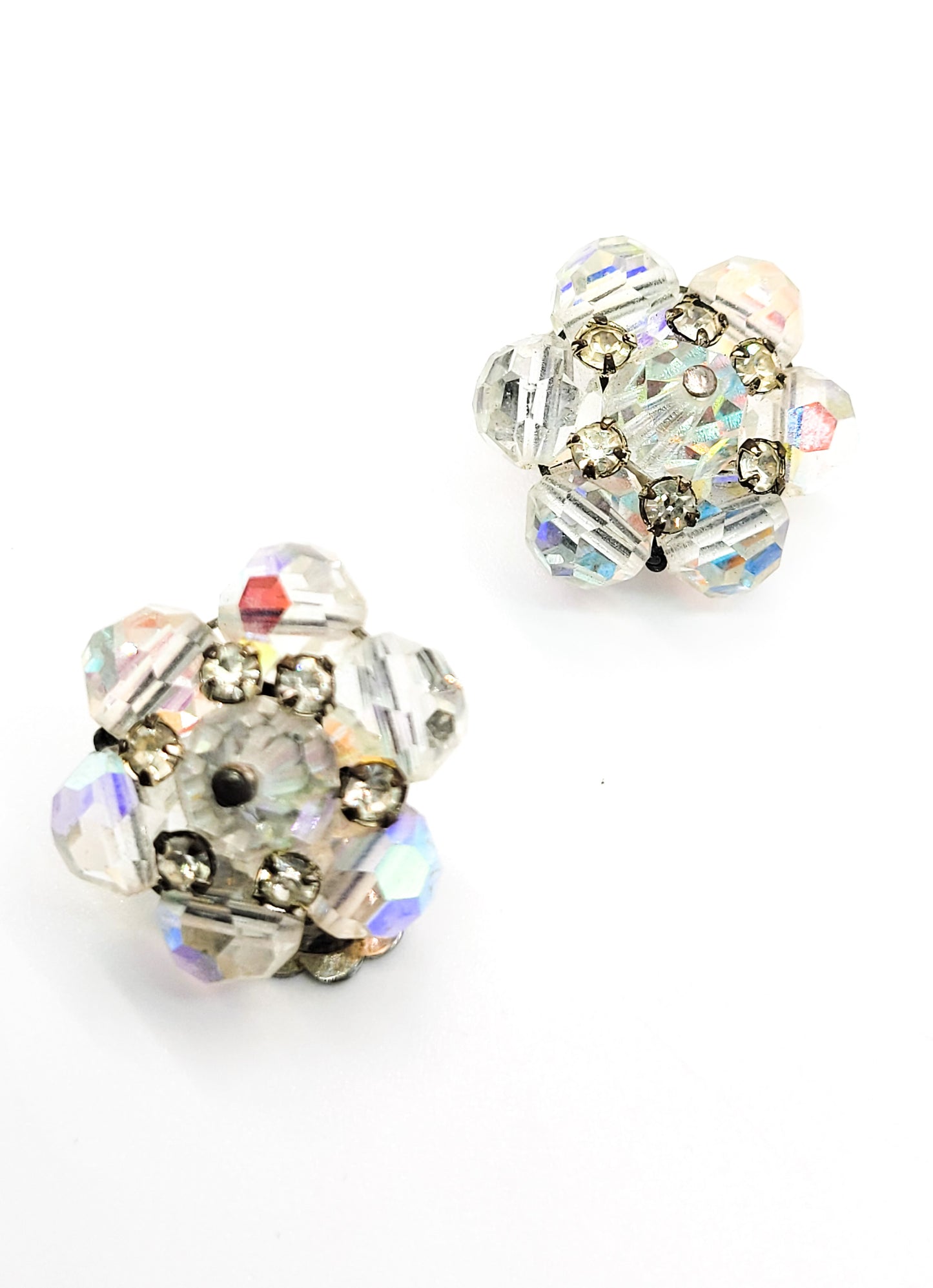 Austrian crystal rhinestone flower Aurora borealis AB cluster clip on vintage earrings