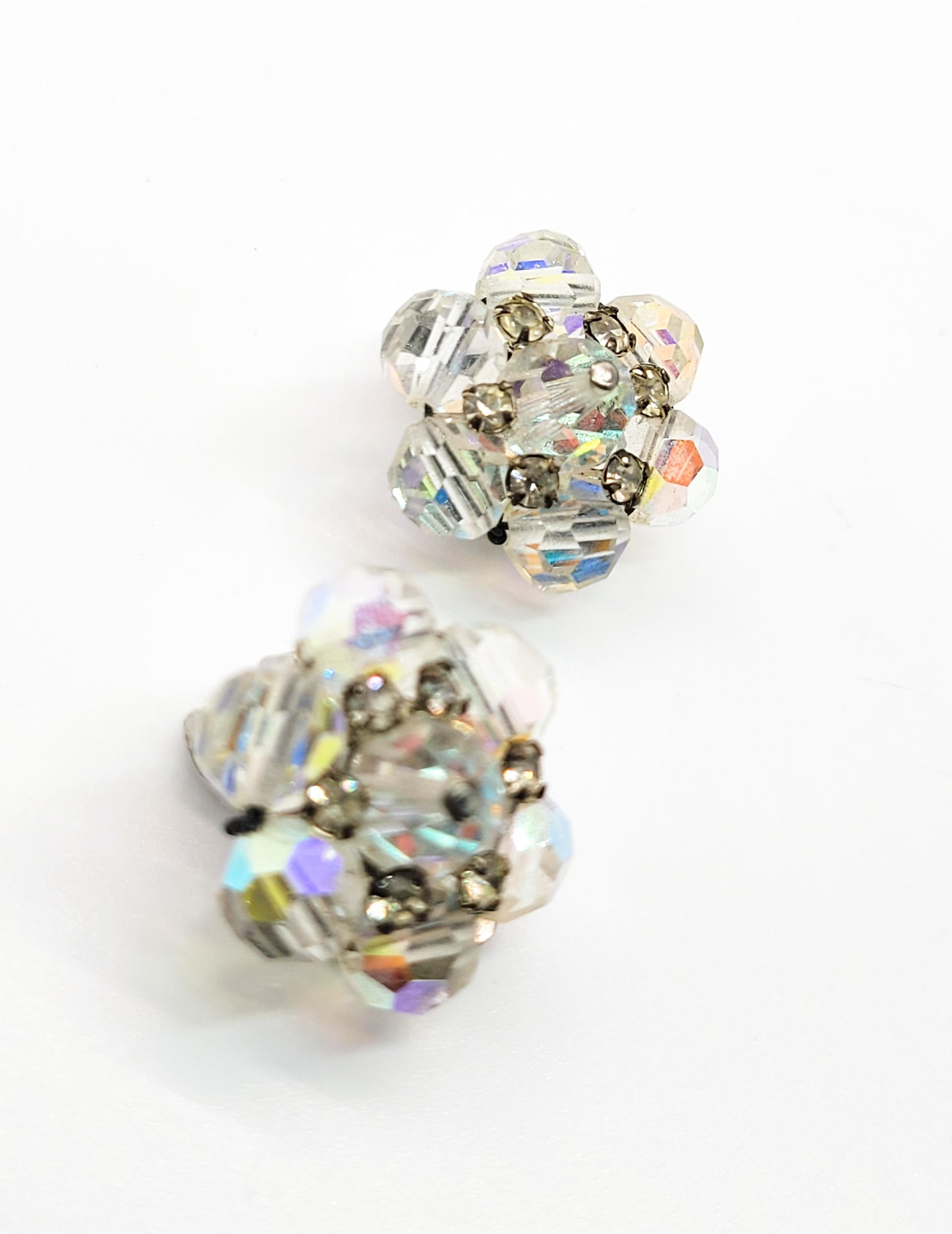 Austrian crystal rhinestone flower Aurora borealis AB cluster clip on vintage earrings