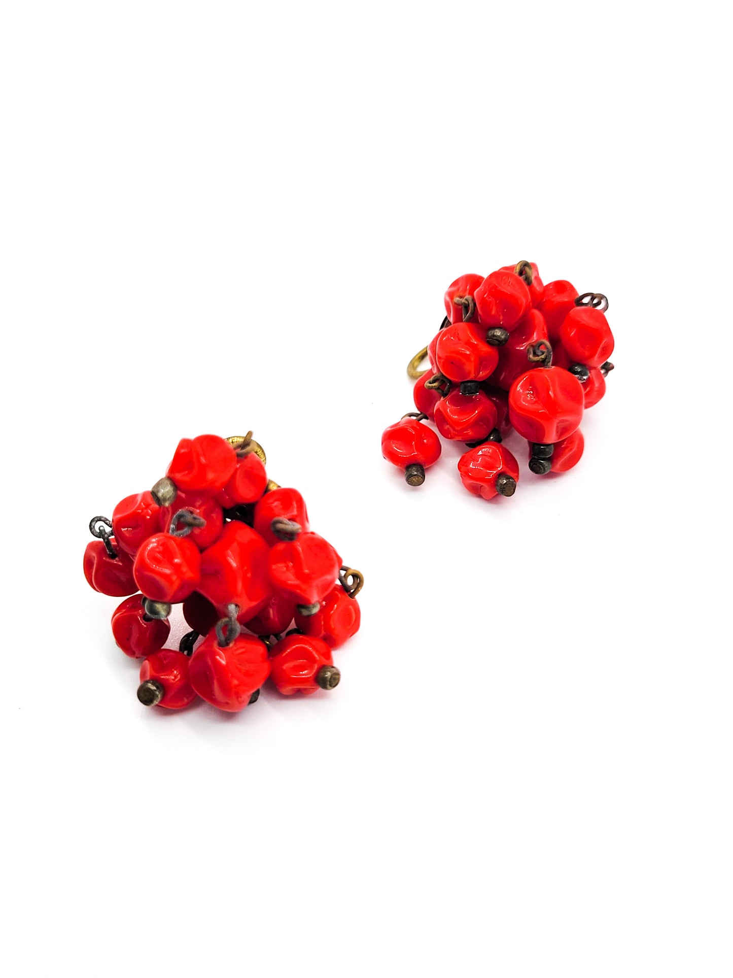 West Germany Red Molded glass beaded vintage stamped screw back earrings