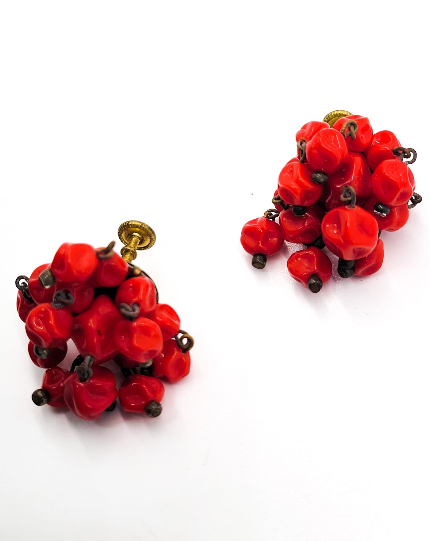 West Germany Red Molded glass beaded vintage stamped screw back earrings