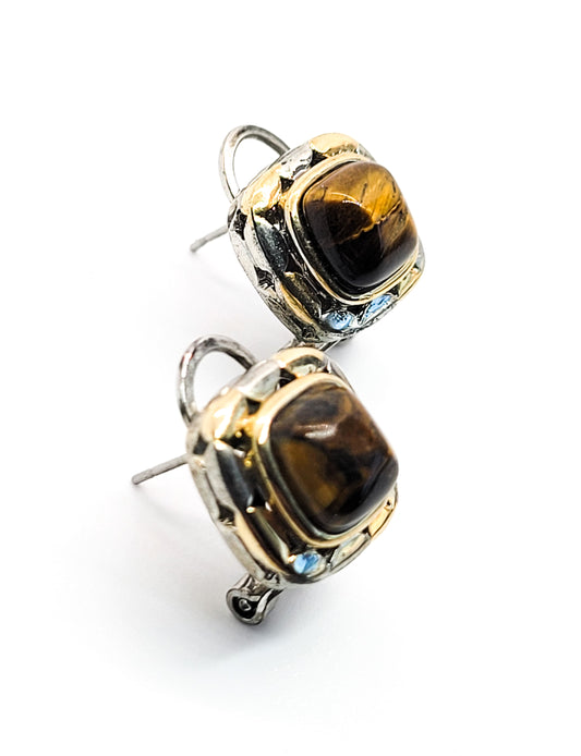 Tiger's eye domed gold and sterling silver plated vintage post lever back earrings