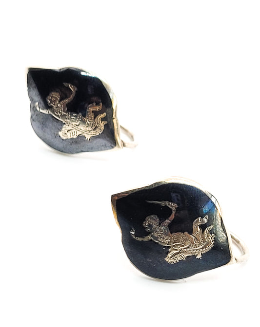 Ramasoon God of Thunder Nielloware black enamel sterling silver screw back earrings