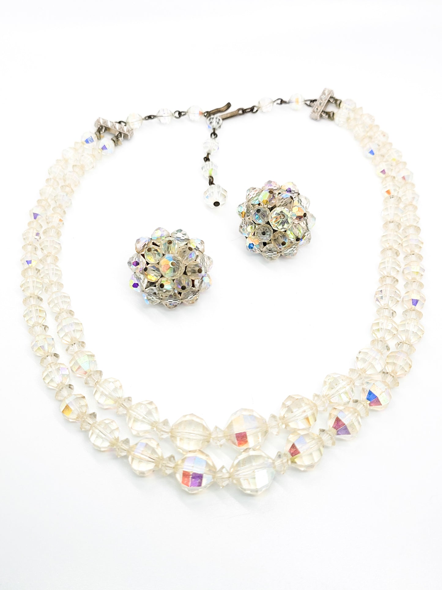Laguna Faceted rainbow aurora borealis beaded vintage necklace and earrings set