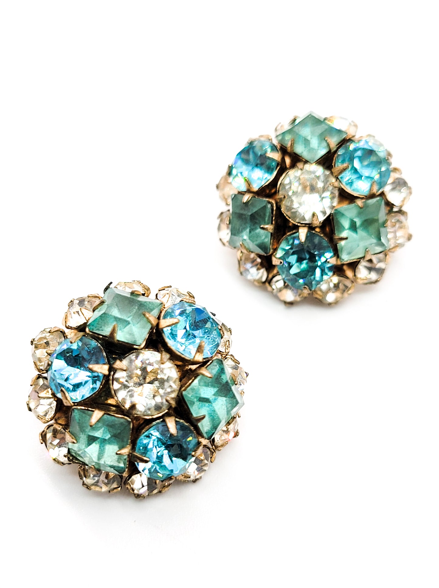 Aqua blue and clear princess cut set of vintage rhinestone brooch pins duet