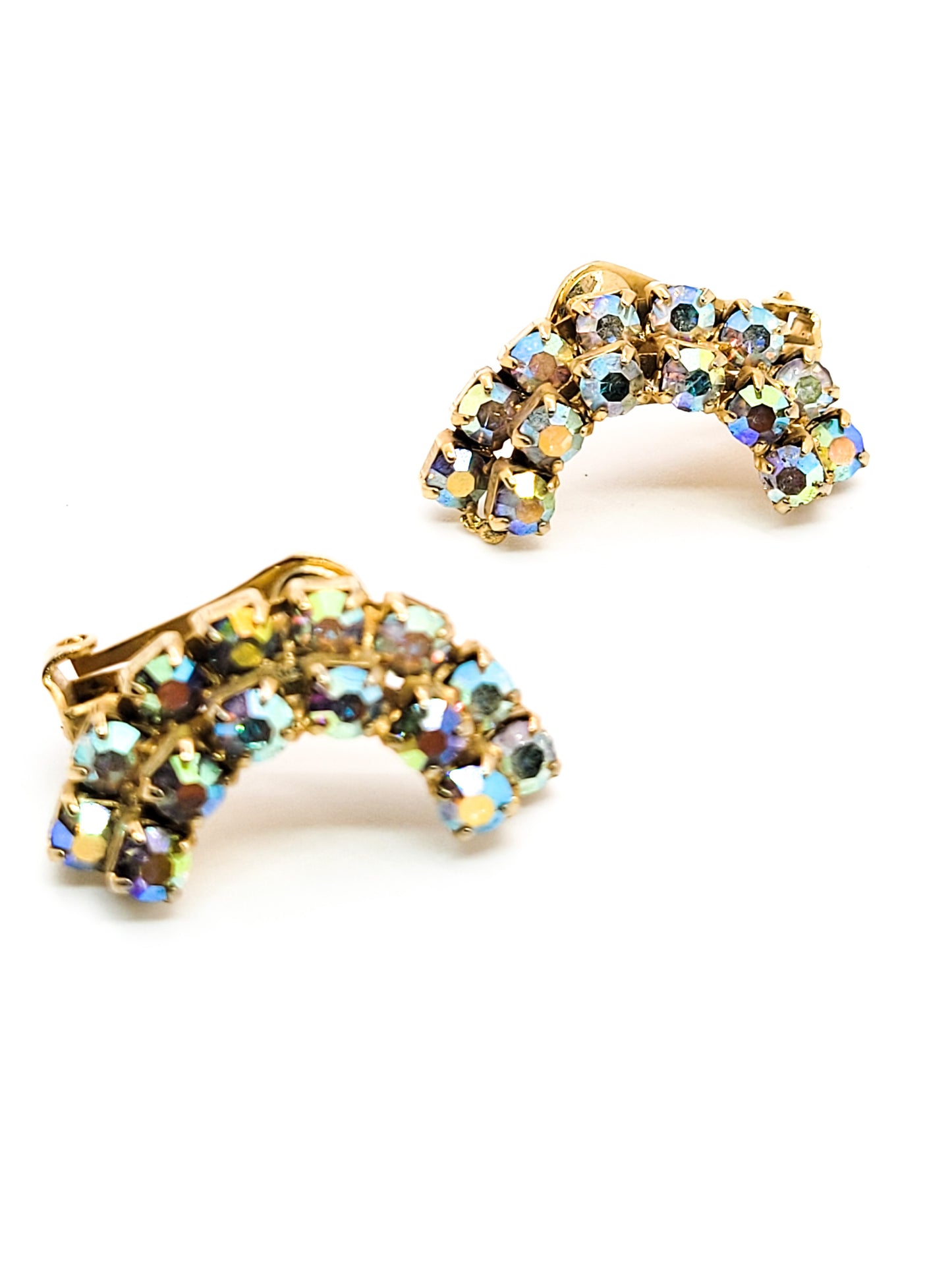 Rainbow Crescent Aurora Borealis AB gold toned prong set vintage rhinestone earrings
