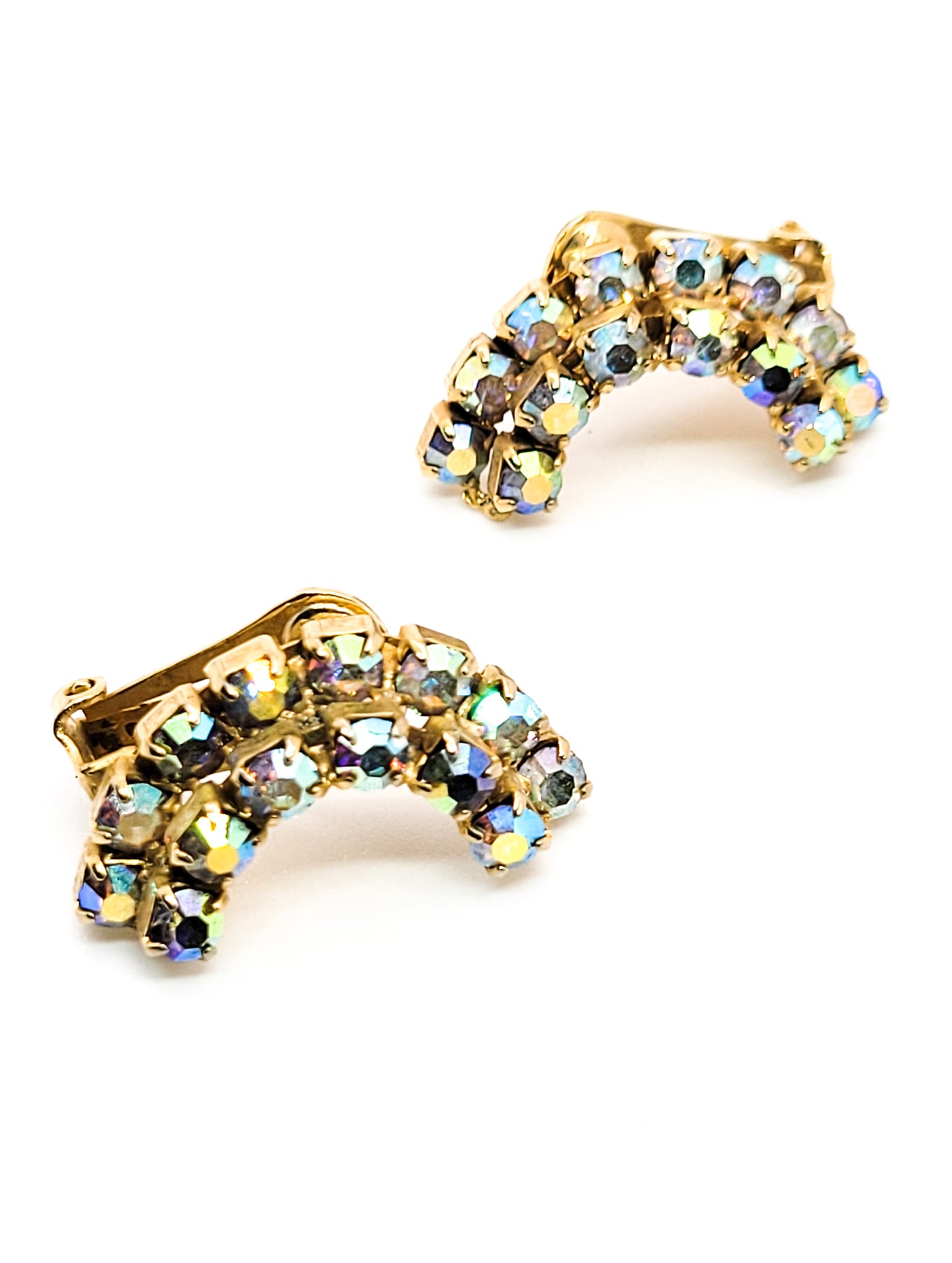 Rainbow Crescent Aurora Borealis AB gold toned prong set vintage rhinestone earrings