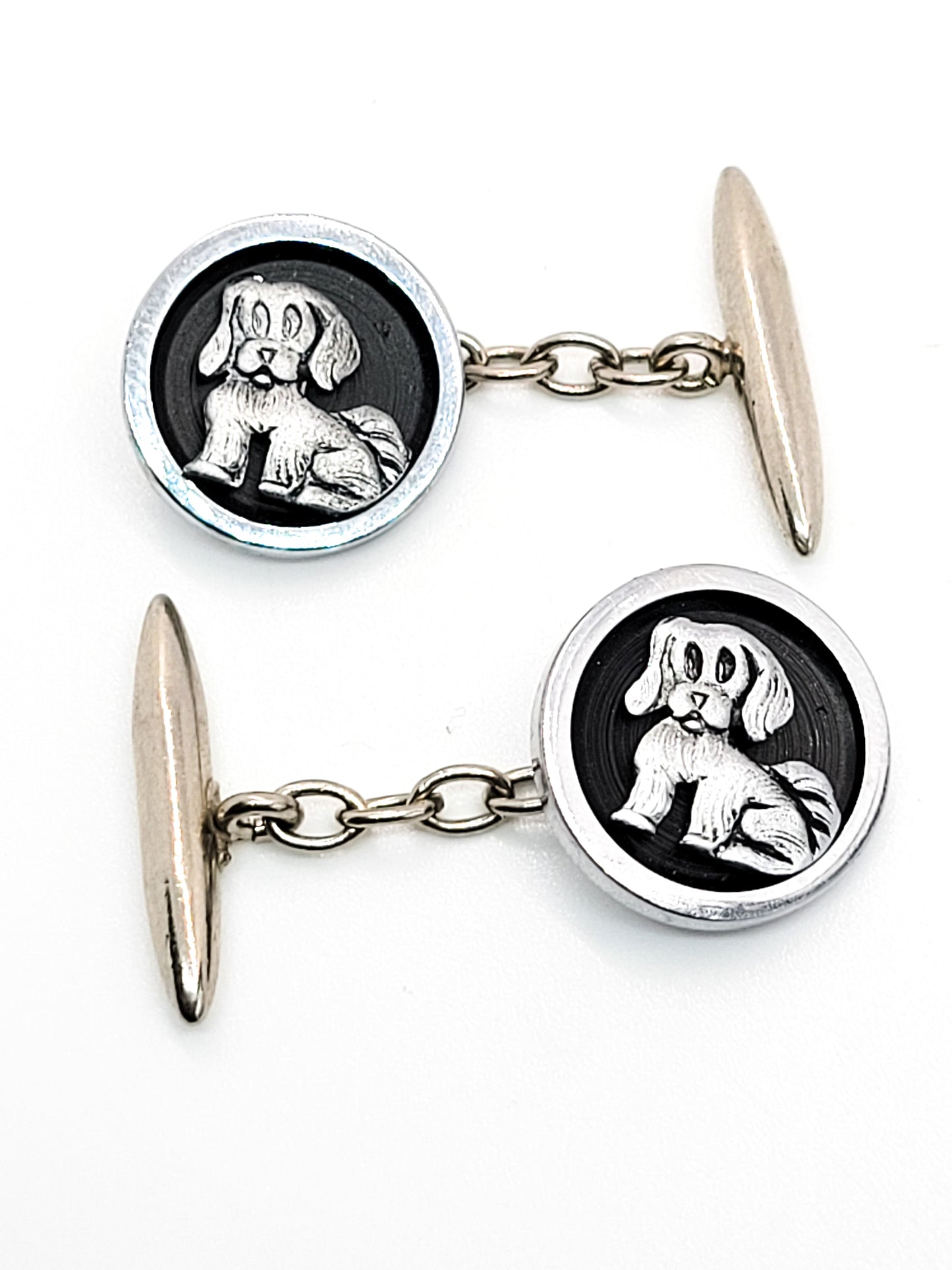 Hound dog puppy vintage black and silver toned vintage chain cuff links