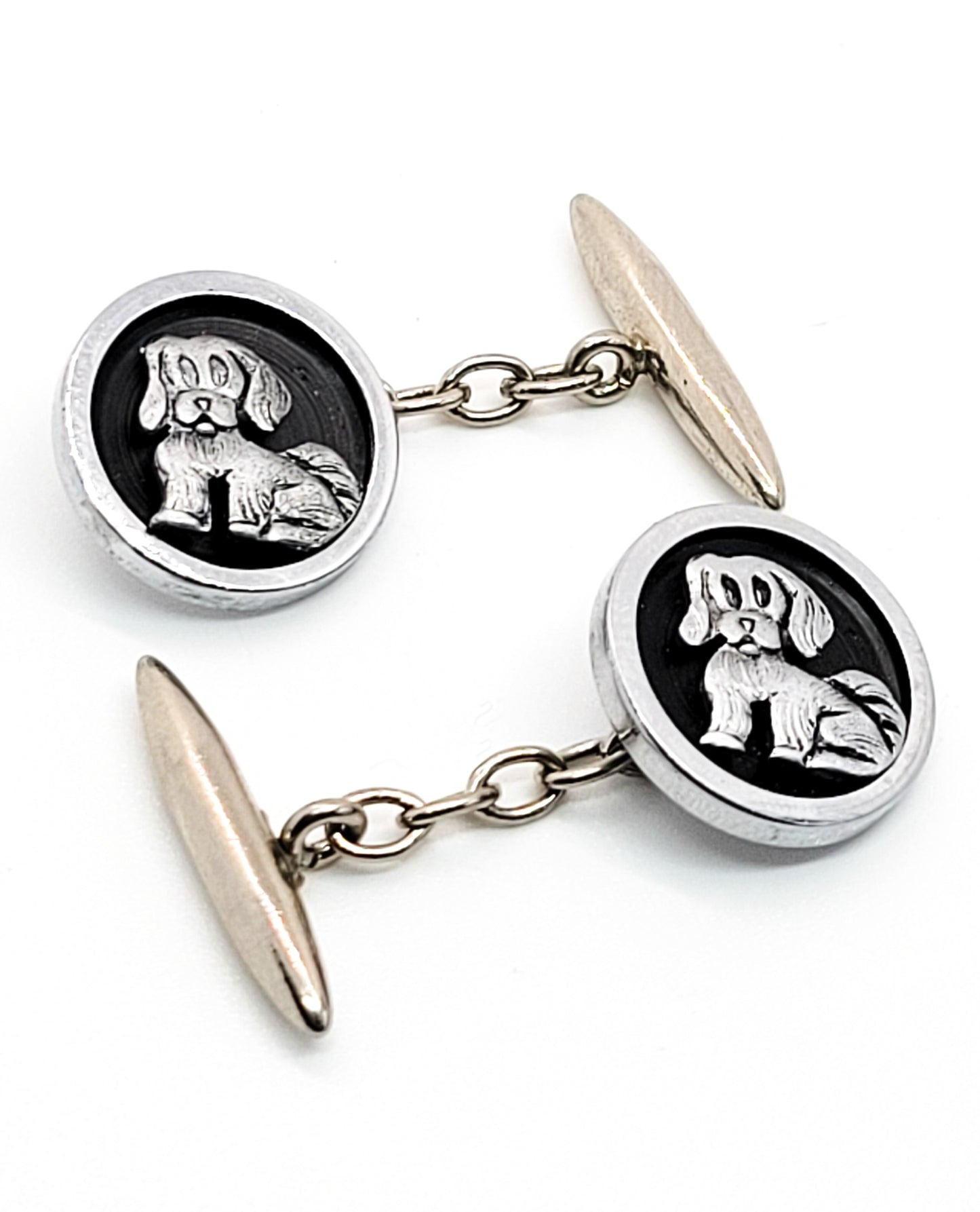 Hound dog puppy vintage black and silver toned vintage chain cuff links