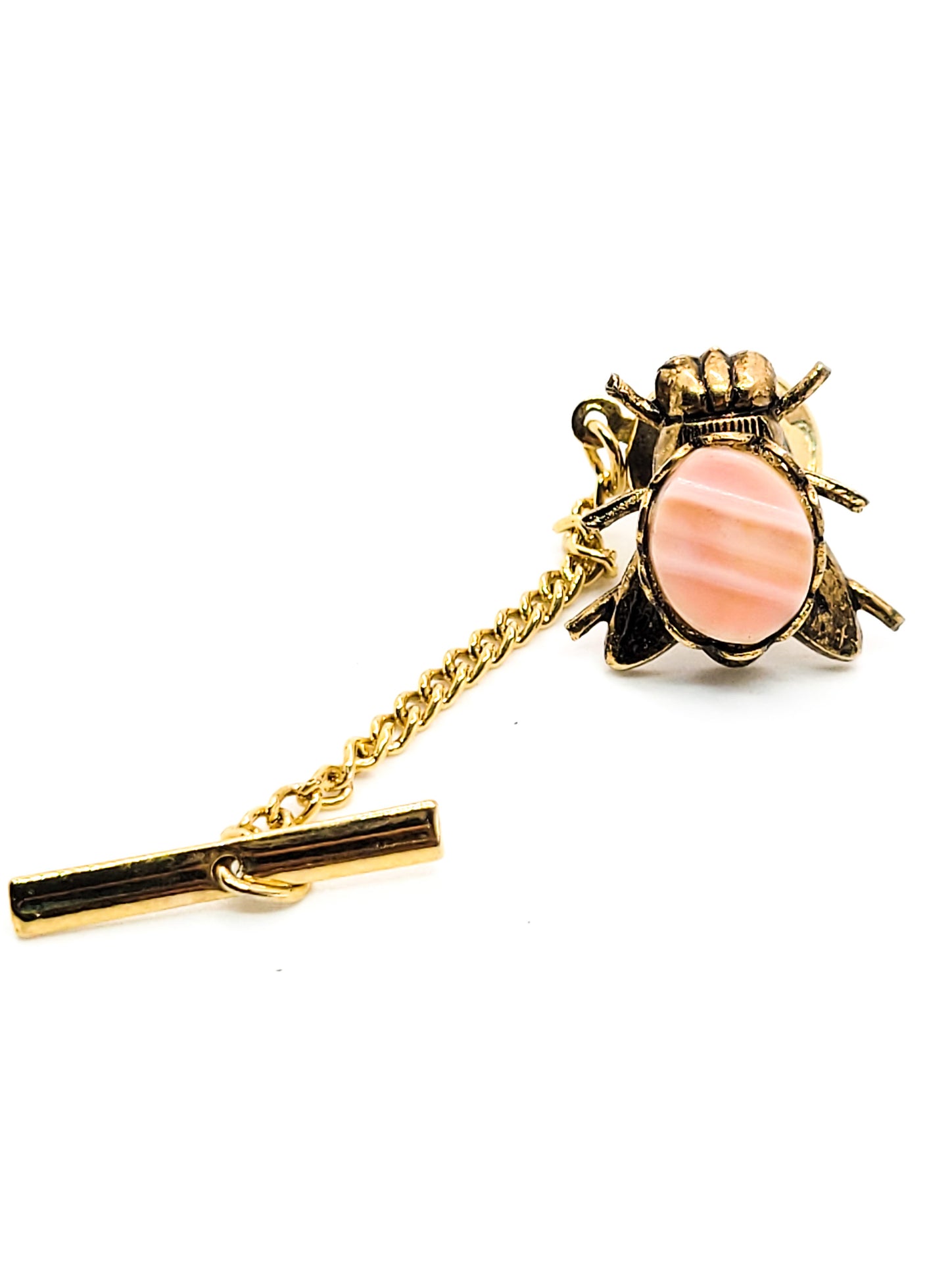 Fly golden insect molded pink wave glass vintage tie tack pin figural brooch