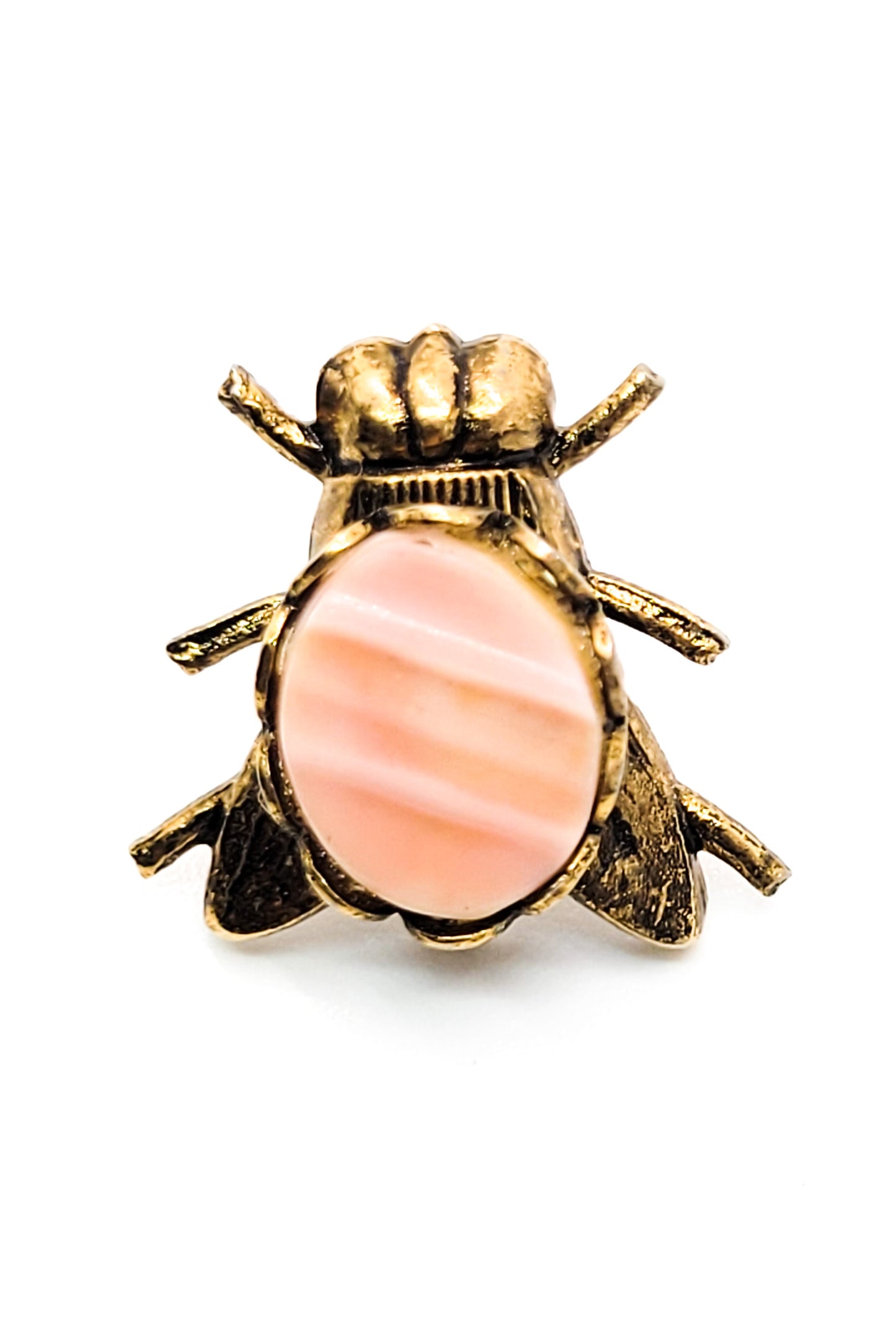 Fly golden insect molded pink wave glass vintage tie tack pin figural brooch