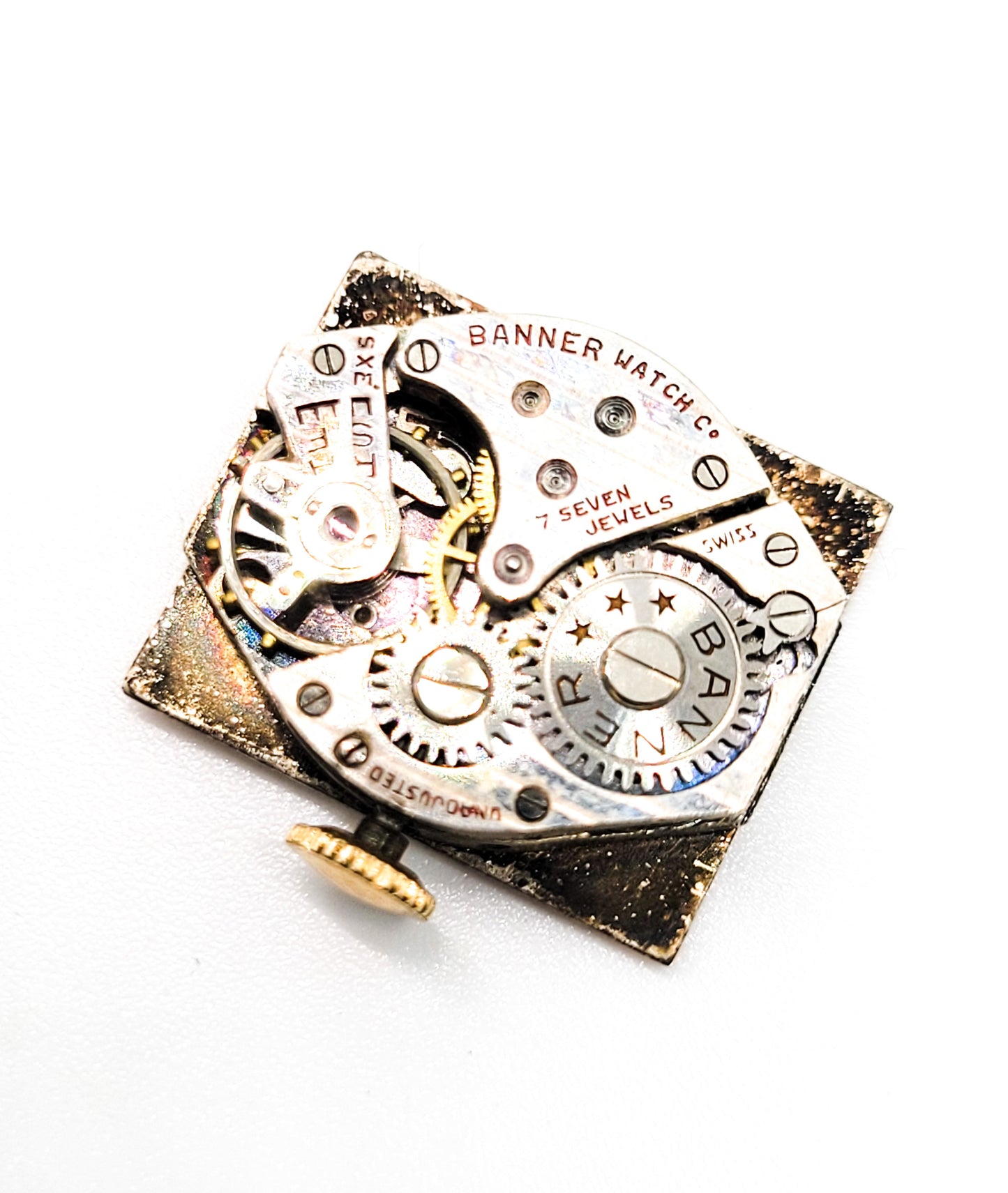 Banner 7 Jewel gold over sterling silver vintage pocket watch brooch For Repair