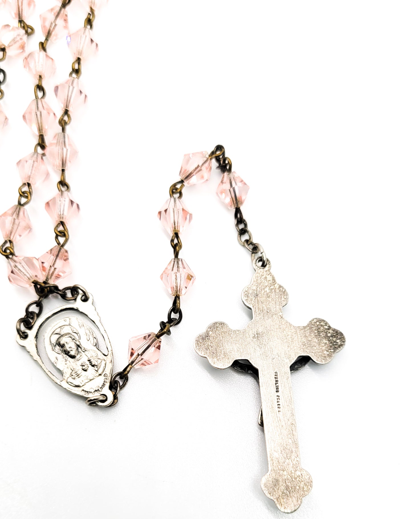Creed vintage sterling silver detailed crucifix Rosary pink Austrian crystal beads