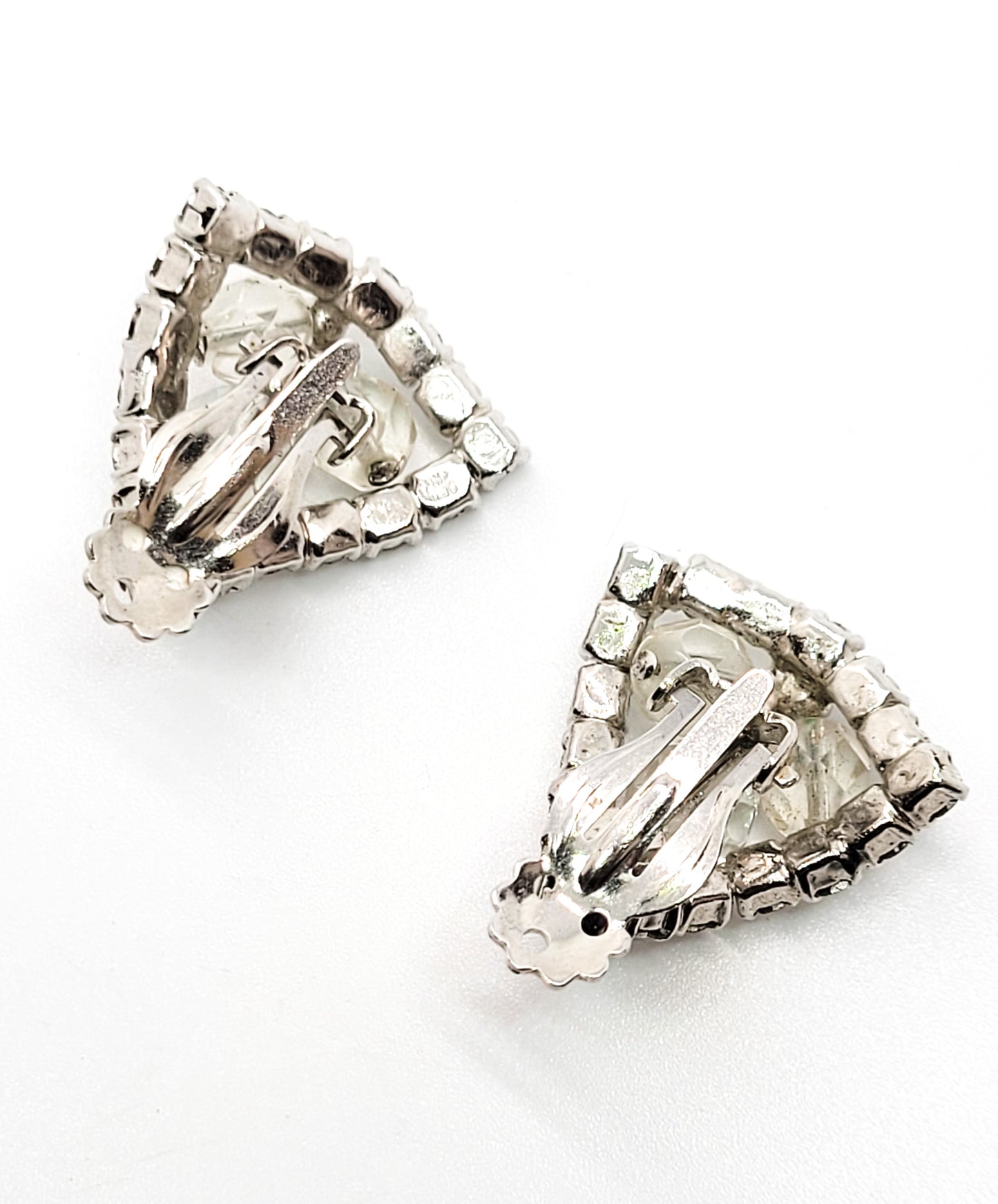 Trillium beaded triangle and clear rhinestone vintage cluster clip on earrings mid century