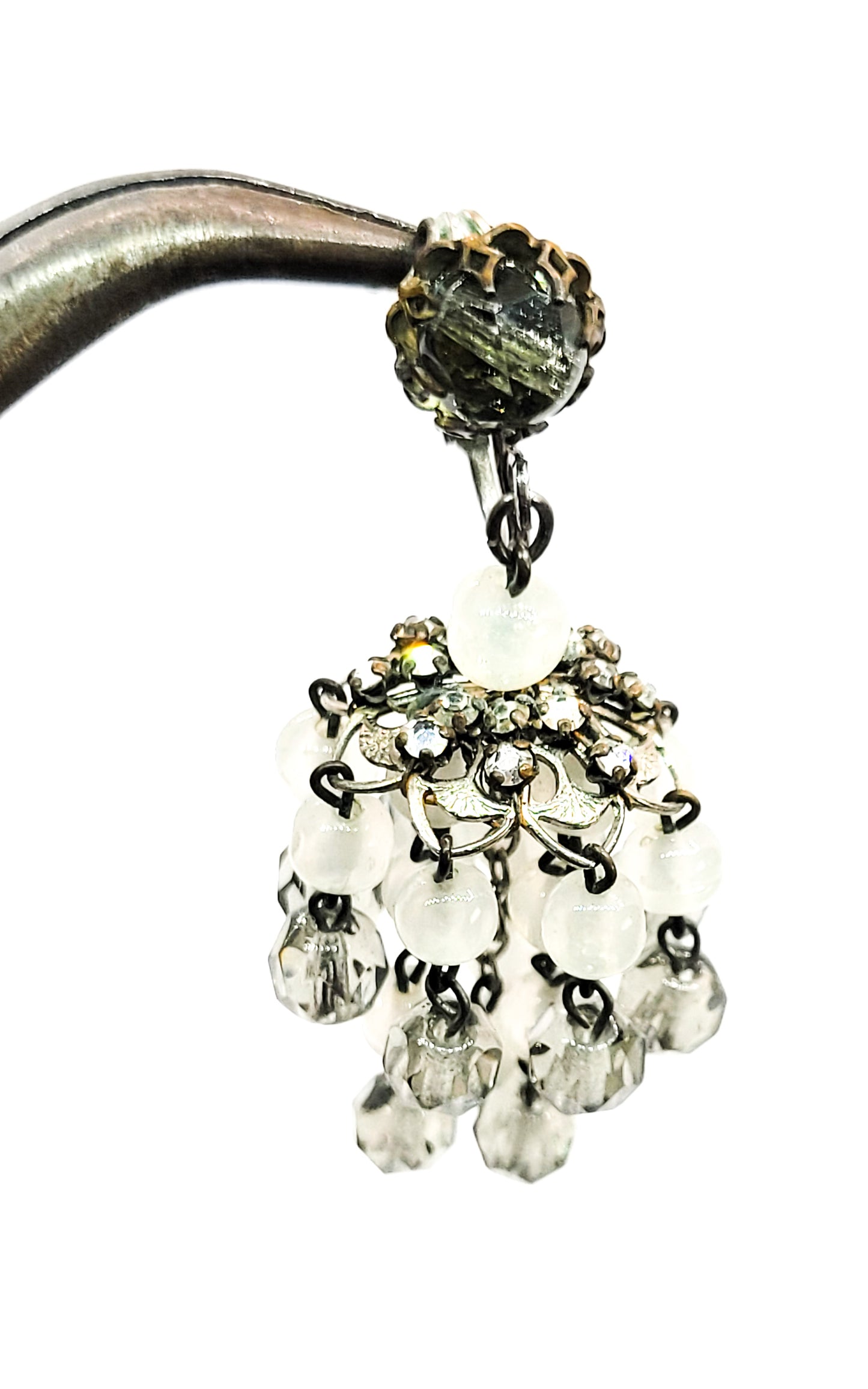 Large Smokey vintage chandelier glass beaded and rhinestone clip on earrings