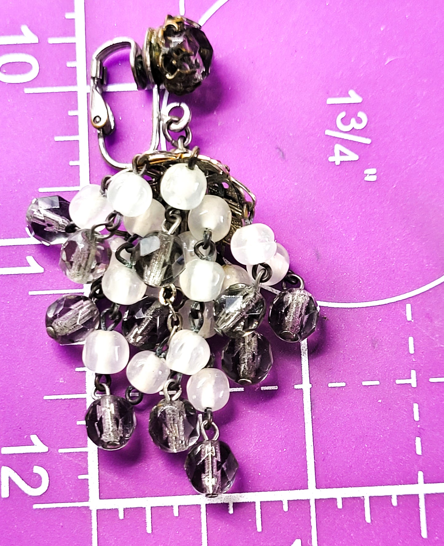 Large Smokey vintage chandelier glass beaded and rhinestone clip on earrings