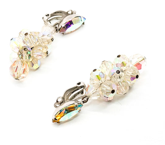 Lewis Segal Aurora Borealis Austrian Crystal AB drop beaded vintage clip on earrings