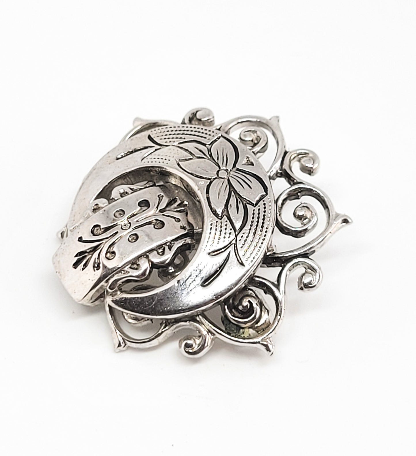 Crescent moon celestial lotus flower silver toned vintage etched filigree brooch