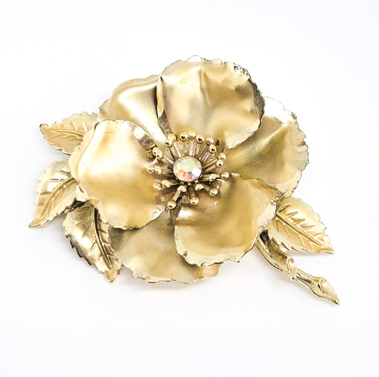 Coro signed Aurora borealis gold toned detailed signed flower brooch