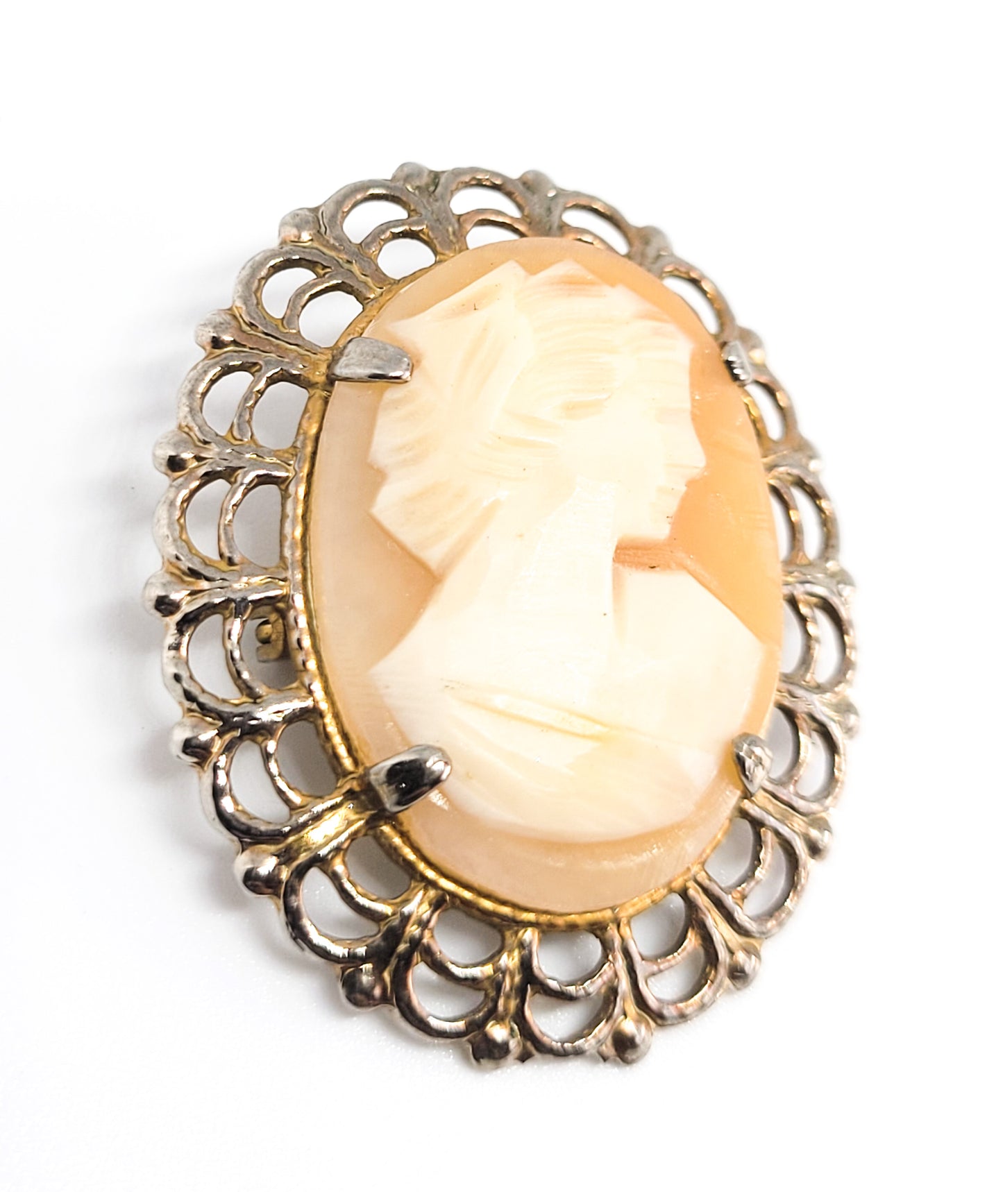 Vintage Carved Shell Cameo woman gold toned mid century MCM brooch