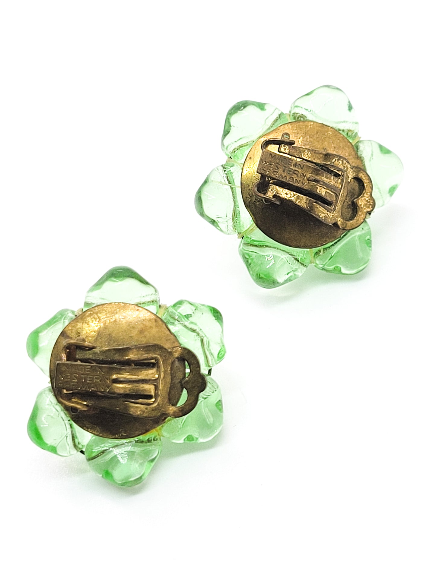 Green molded glass Western Germany vintage clip on mid century earrings