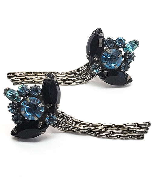 Black and Blue waterfall vintage estate high end rhinestone clip on vintage earrings