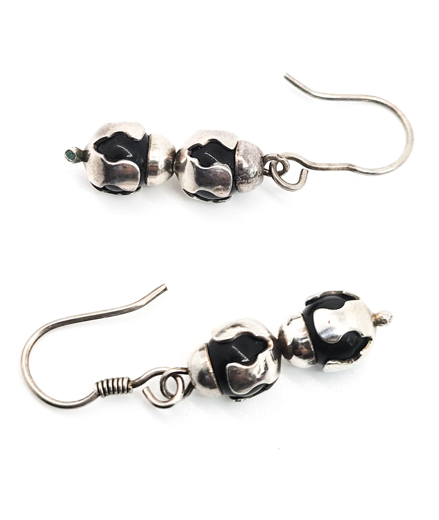 Black and silver abstract drop sterling silver beaded vintage hook earrings 925