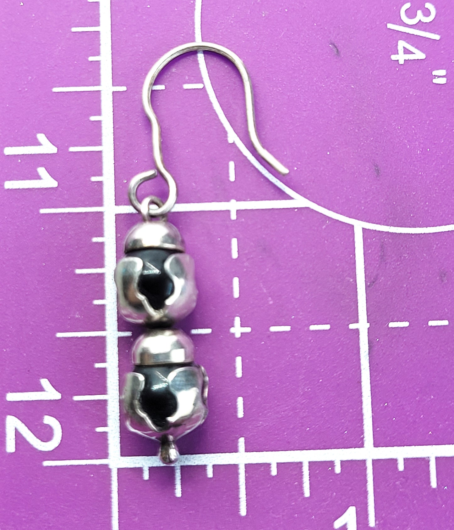 Black and silver abstract drop sterling silver beaded vintage hook earrings 925