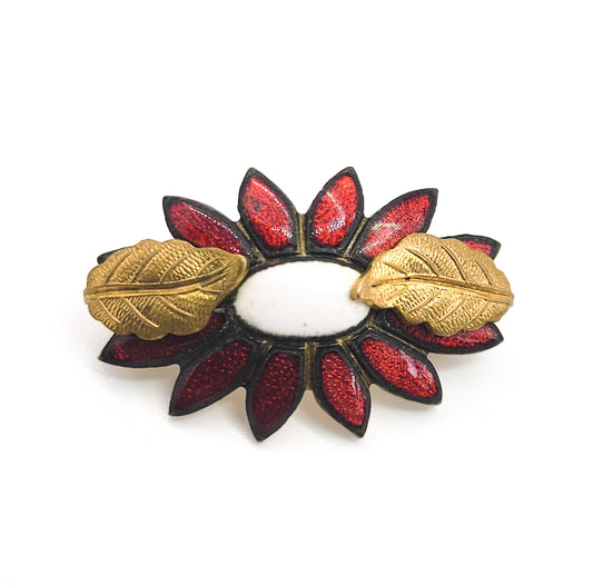 Victorian Antique red and white enamel gold filled vintage flower brooch with C clasp