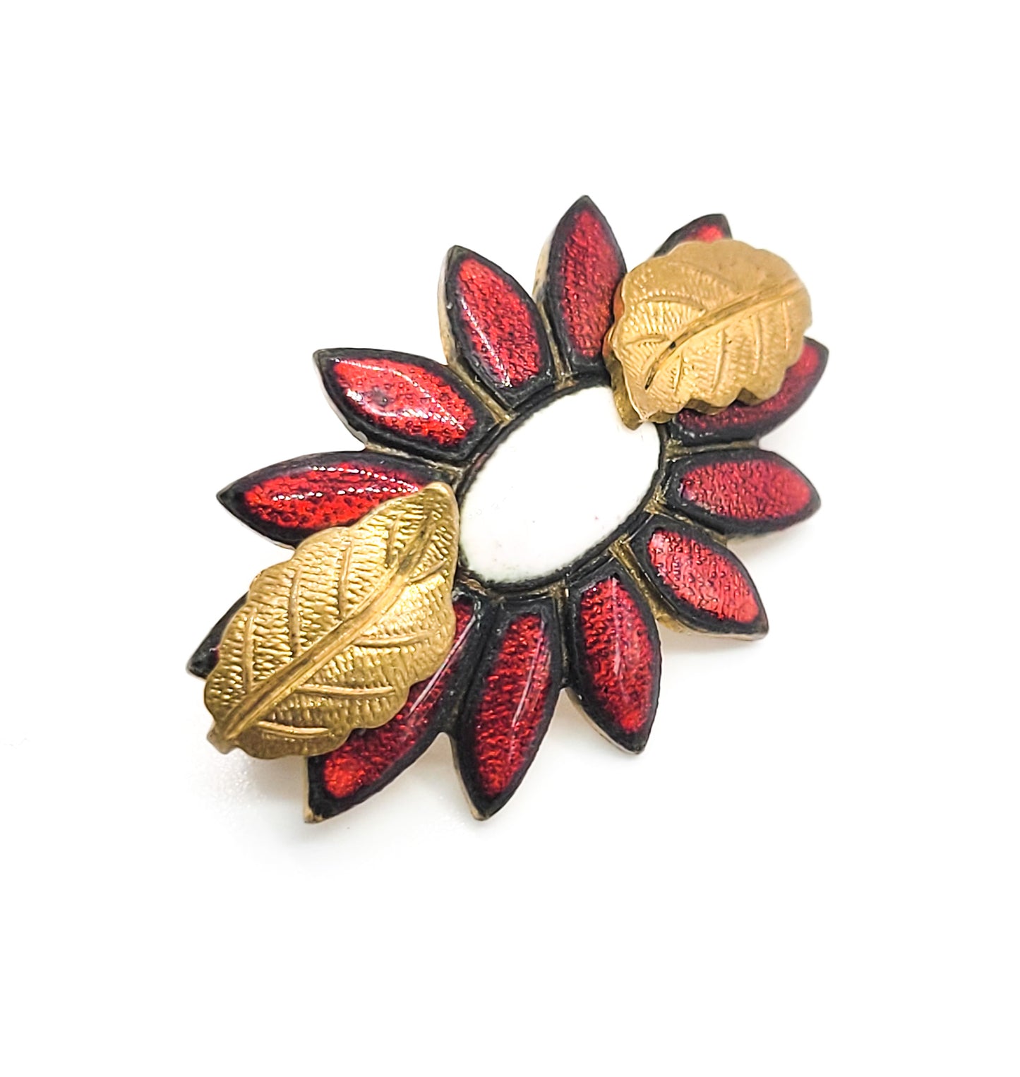 Victorian Antique red and white enamel gold filled vintage flower brooch with C clasp