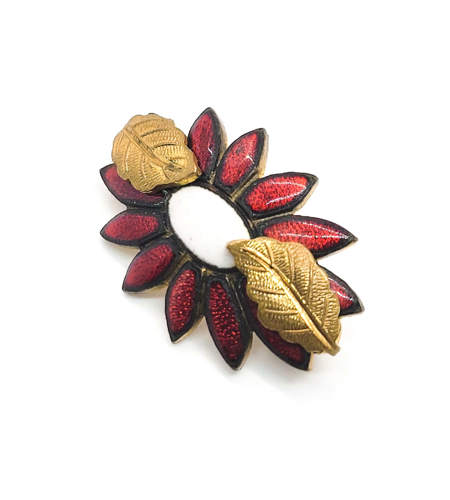Victorian Antique red and white enamel gold filled vintage flower brooch with C clasp