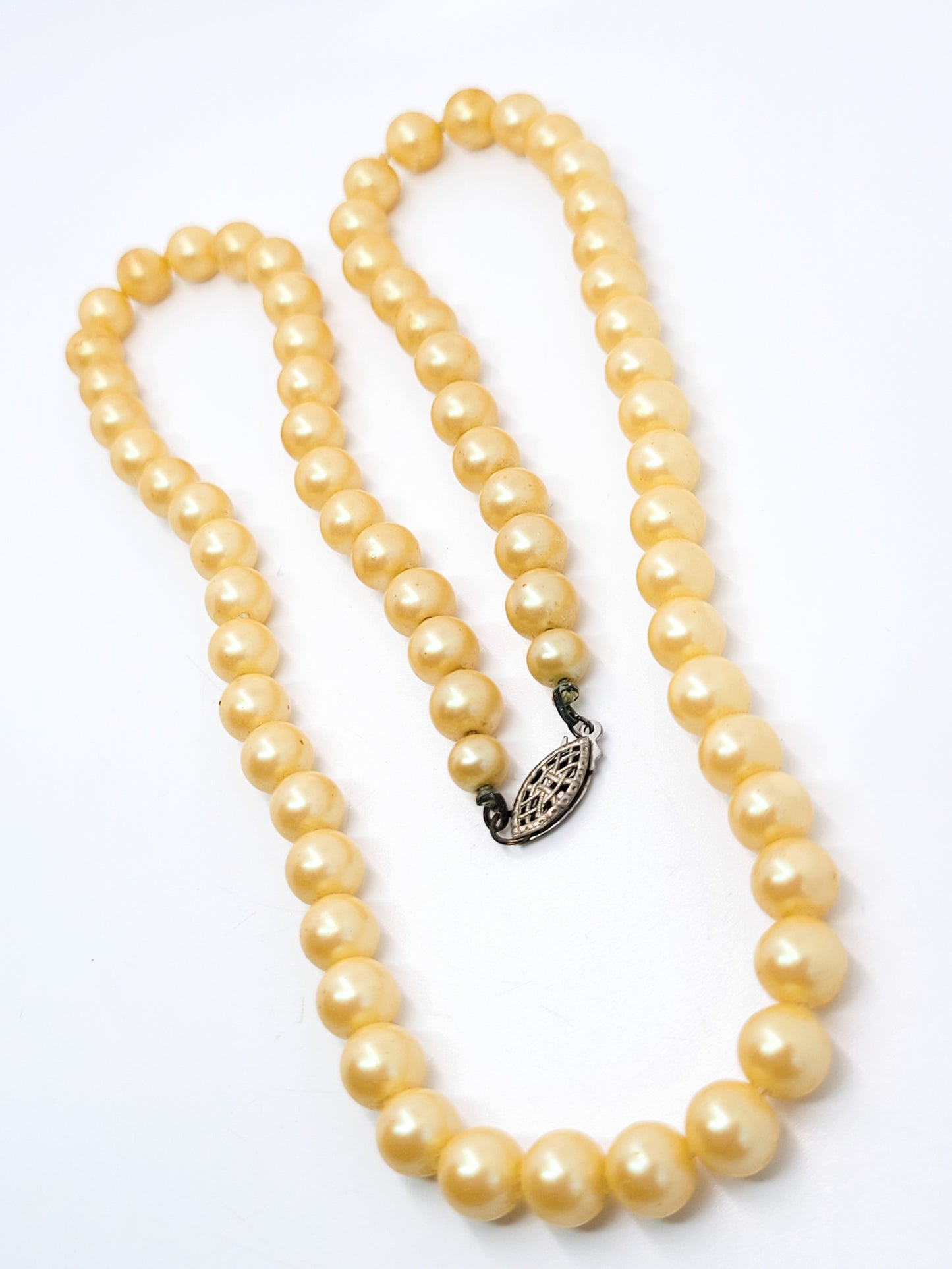 Cream vintage faux pearl hand knotted silk strung sterling silver box clasp necklace